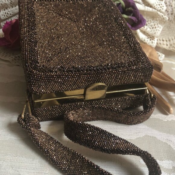 Du Bonette Handbags - Vintage DU BONNETTE Mid Century Coppery Brown Beaded Evening Bag